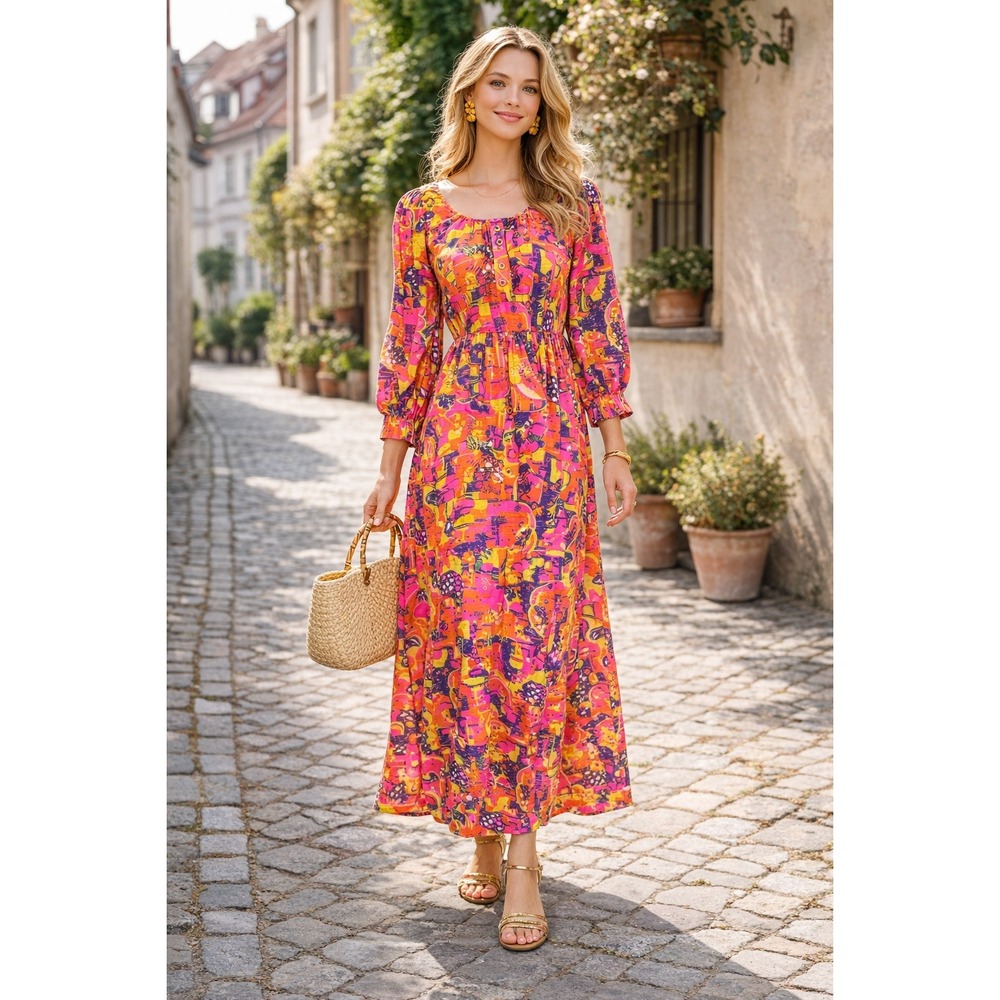 Vintage 1960s Hawaiian Dayglo‎ Neon Floral Maxi Dress Medium Glam Electric
